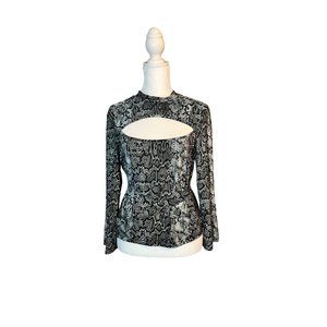 Guess Black & White Snake-Print Cutout Long Sleeve Top
